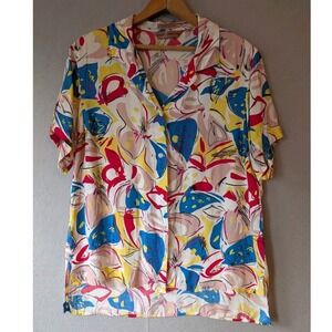 Vtg Henry Grethel Women's Hi Low Short Sleeve Button Up Shirt Sz 12 Pink Graphic